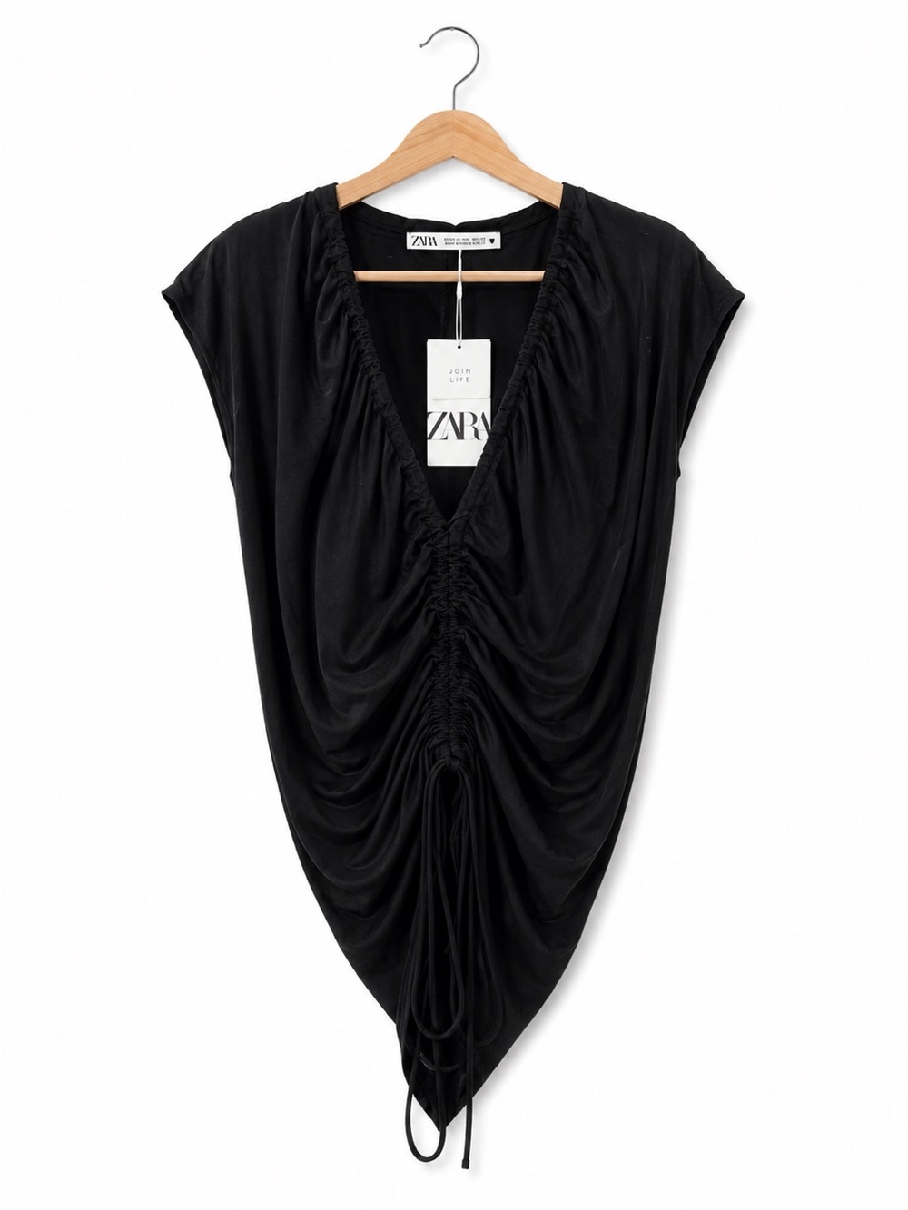 Zara Black Ruched Drawstring Midi Dress NWT Small V-Neck Minimalist Cocktail